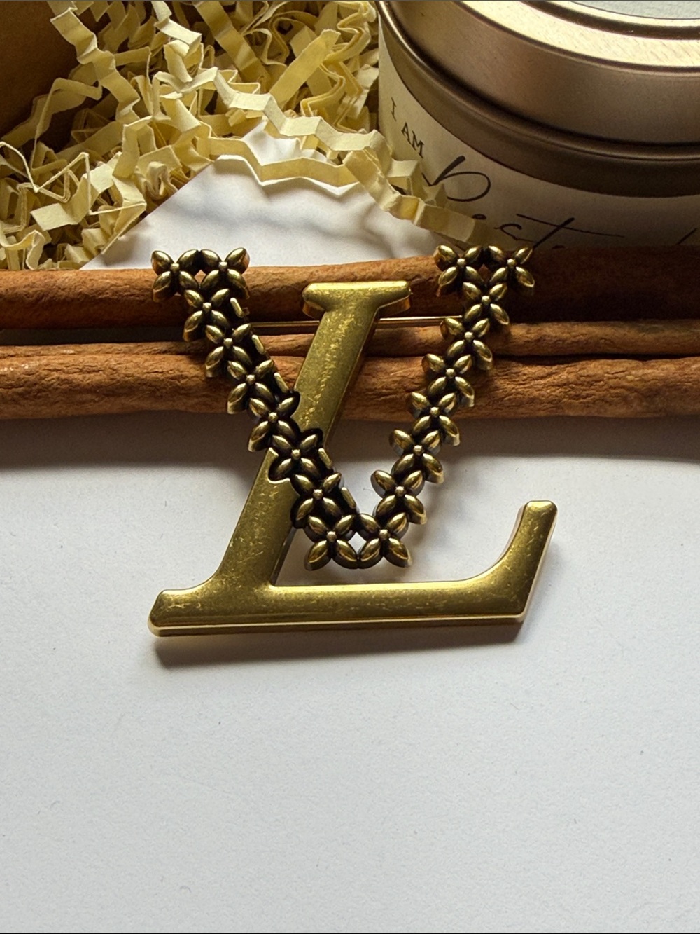 Fashion Jewelry Brass-Tone logo Floral Chain Brooch